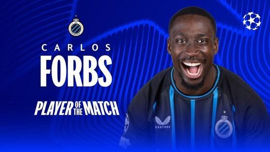 战巴萨贡献2球1助，布鲁日前锋福布斯当选欧冠全场最佳球员