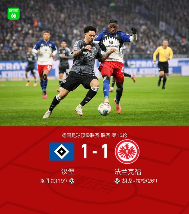 汉堡1-1法兰克福，洛孔加破门，胡戈-拉松扳平